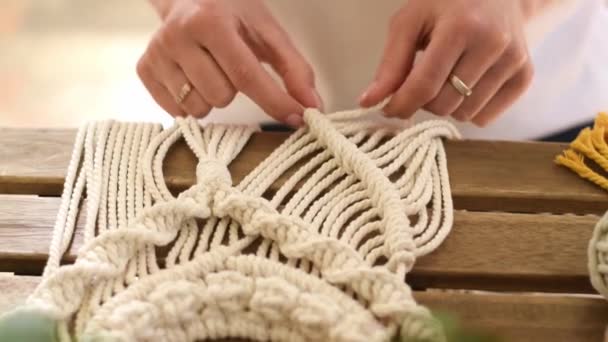 Close Women Hands Weaving Macrame Home Workshop Hand Made Concept — Stock video