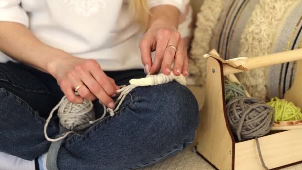 Close Women Hands Weaving Macrame Home Workshop Handmade Concept Slow — Stock Video