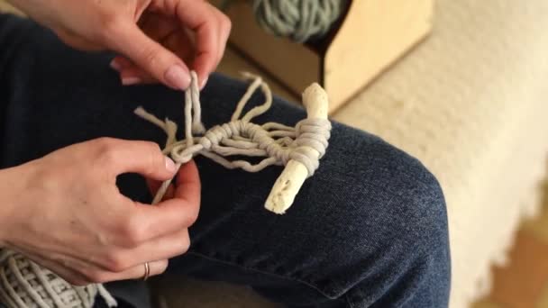 Close Women Hands Weaving Macrame Home Workshop Handmade Concept Slow — Stock Video