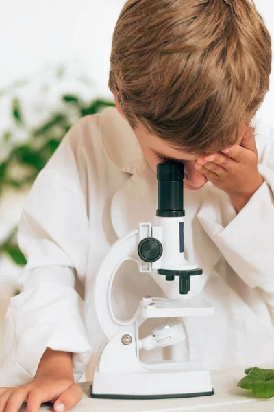 Little boy in white uniform looking into the microscope in a home laboratory.Back to school concept.Young scientists.Natural sciences.Preschool and school education of children.