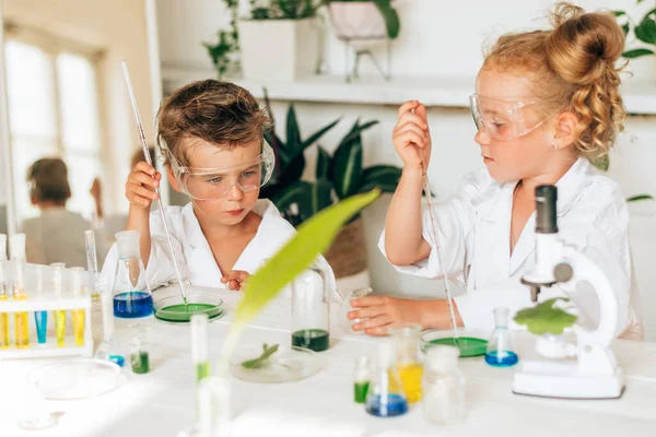 Serious little boy and girl in white uniforms conducting chemical experiments in a laboratory.Back to school concept.Young scientists.Natural sciences.Preschool and school education of children.