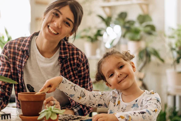 Ung Glad Blandras Kvinna Med Liten Dotter Planterar Krukväxter Hemma — Stockfoto