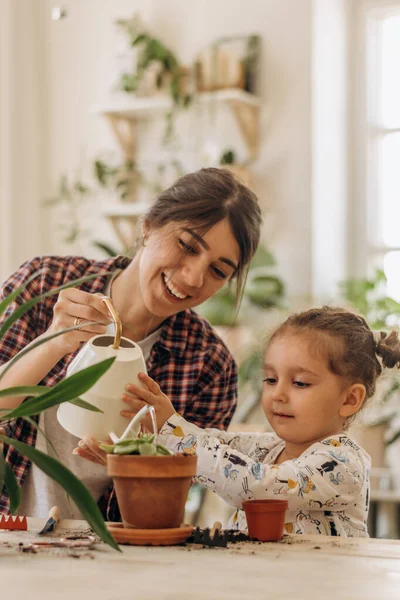 Young Happy Mixed Race Woman Her Little Daughter Planting Watering — Stock Photo, Image