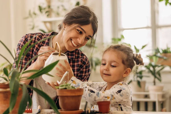 Mixed Race Family Young Happy Woman Her Daughter Planting Watering — Stock Photo, Image