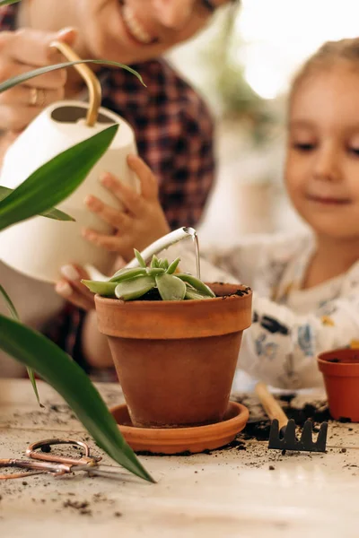 Jovem Mulher Raça Mista Feliz Com Sua Filhinha Está Plantando — Fotografia de Stock