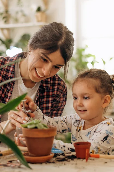 Jovem Mulher Raça Mista Feliz Com Sua Filhinha Está Plantando — Fotografia de Stock