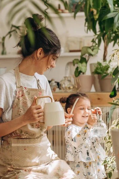 Mixed Race Family Woman Her Little Daughter Watering Houseplants Home — Stock Photo, Image