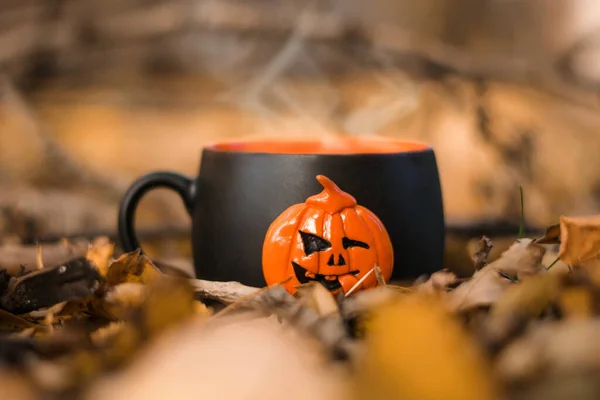 Svart Mugg Med Varmt Står Marken Bland Fallna Gula Höstbladen — Stockfoto