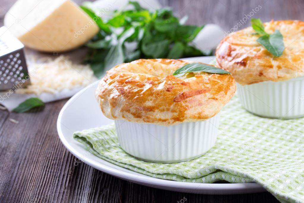 Chicken pot pie with cheese and basil