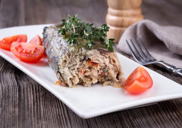 Mackerel fish stuffed with rice and vegetables — Stock Photo, Image