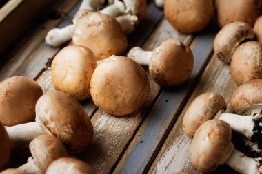 Portobello mantar rustik ahşap masa.