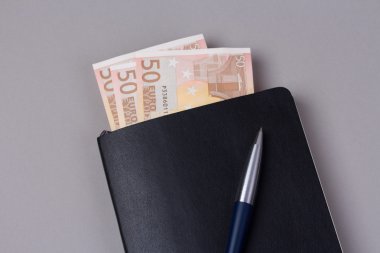 Siyah günlük organizatörü lüks topu kalem ve bazı euro banknot ile