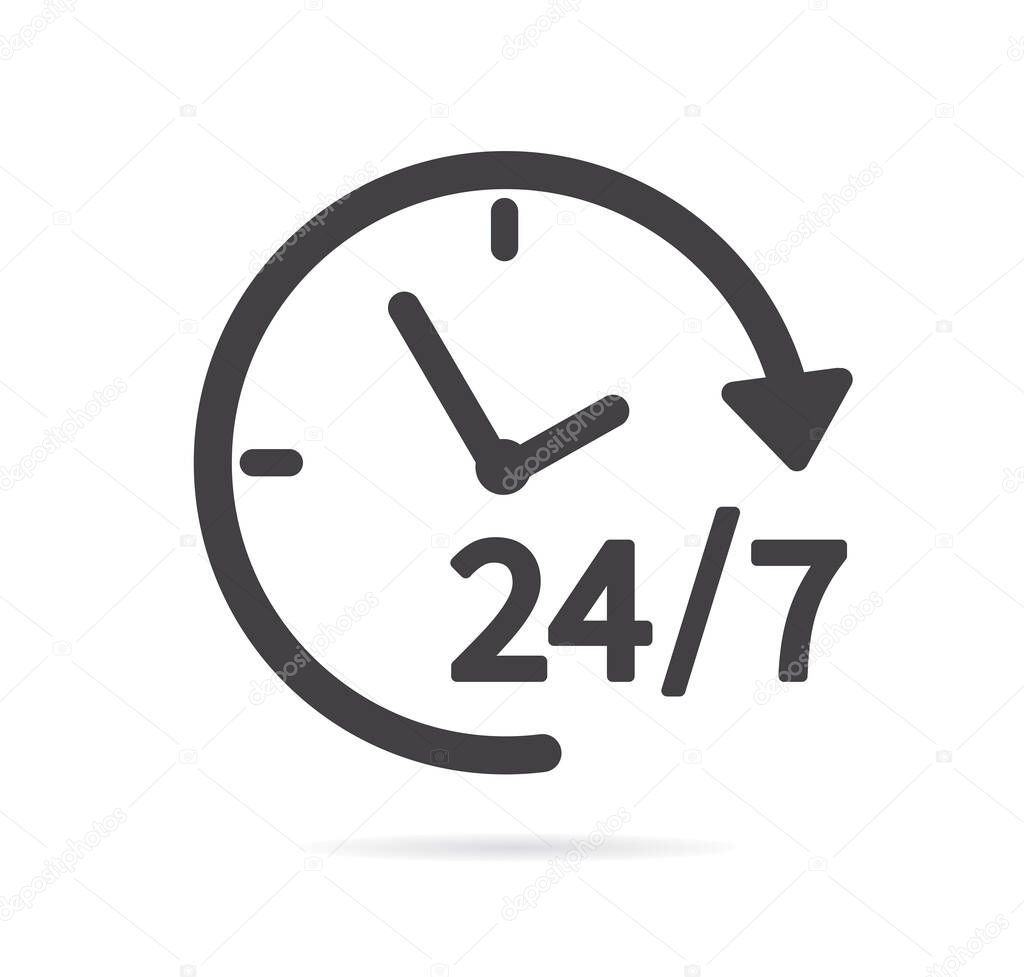 24-7 service icon isolated on white background. Flat design. 24-7 open concept. Vector illustration.