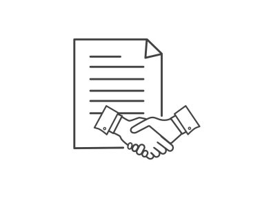 Kontrat simgesi. El sıkışma, anlaşma simgesi beyaz arkaplanda izole edildi. Düz dizayn. İş konsepti. Vektör illüstrasyonu.