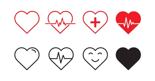 Σετ Εικόνες Καρδιάς Κόκκινη Γραμμή Καρδιακού Παλμού Εικονίδια Λευκό Φόντο — Διανυσματικό Αρχείο