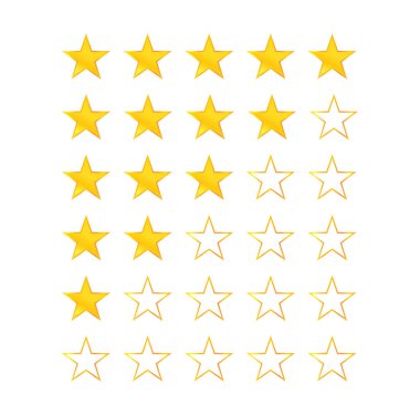 Beyaz arkaplanda beş yıldız simgesi izole edildi. Web sitesi ve mobil uygulamalar için yıldız derecelendirme simgesi. Vektör illüstrasyonu