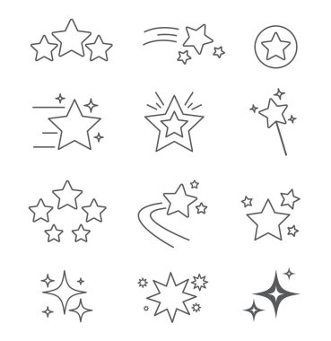Yıldız simgeleri seti. Kayan yıldız, Parıltı, parıltı, parıltı, parıltı. Web sitesi ve mobil uygulamalar için yıldız düz çizgi simgeleri. Vektör illüstrasyonu