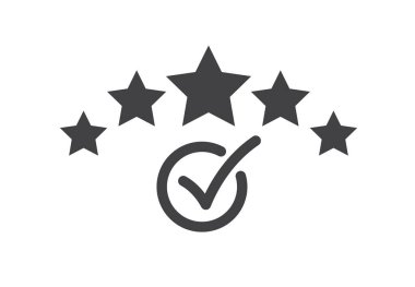 Beyaz arkaplanda beş yıldız ve işaretleme simgesi var. En iyi derecelendirme. Vektör illüstrasyonu