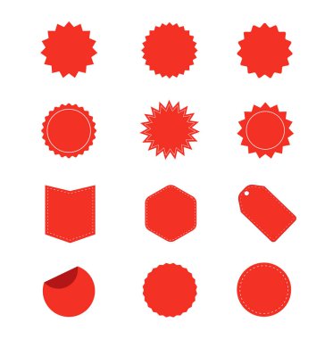 Bir dizi kırmızı yıldız patlaması. Kırmızı boş çıkartmalar. Güneş patlaması rozetleri, etiketler, satış etiketleri. Tasarım elemanları. Vektör illüstrasyonu 