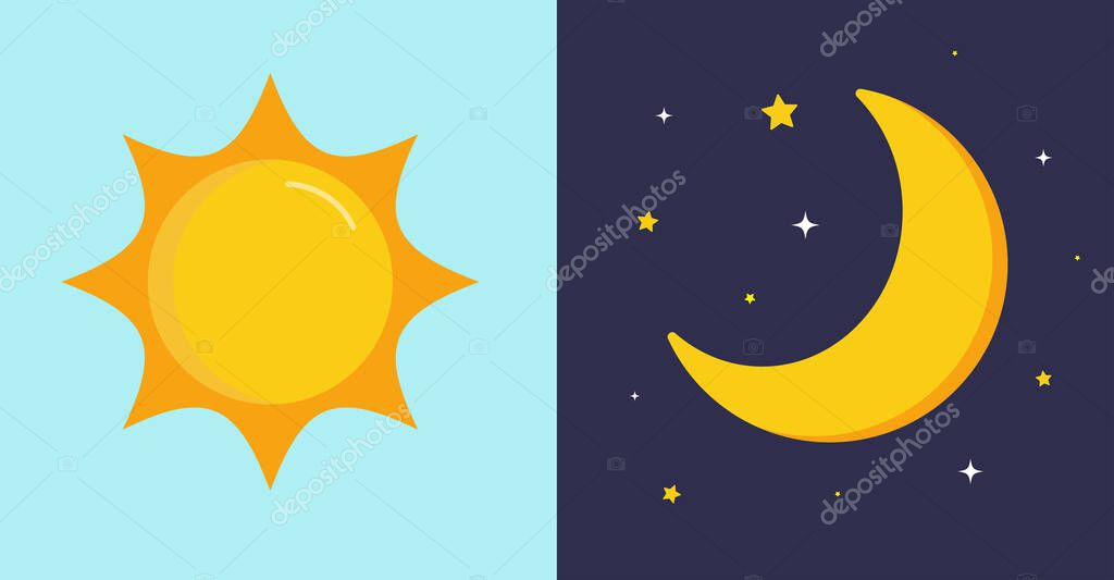 Day and night. Sun on blue background. Moon and stars in midnight. Vector illustration