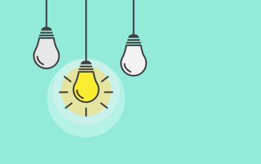 Yeşil arka planda ampul var. Yaratıcı fikir ve ilham konsepti. Vektör paneli şablonu.