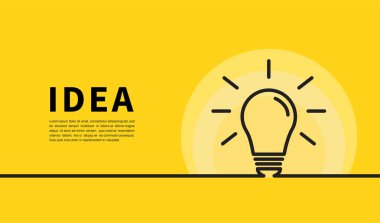 Sarı arkaplanda ampul simgesi. Enerji ve düşünme sembolü. Yaratıcı fikir ve ilham konsepti. Tasarım siteleri için elementler. Vektör illüstrasyonu