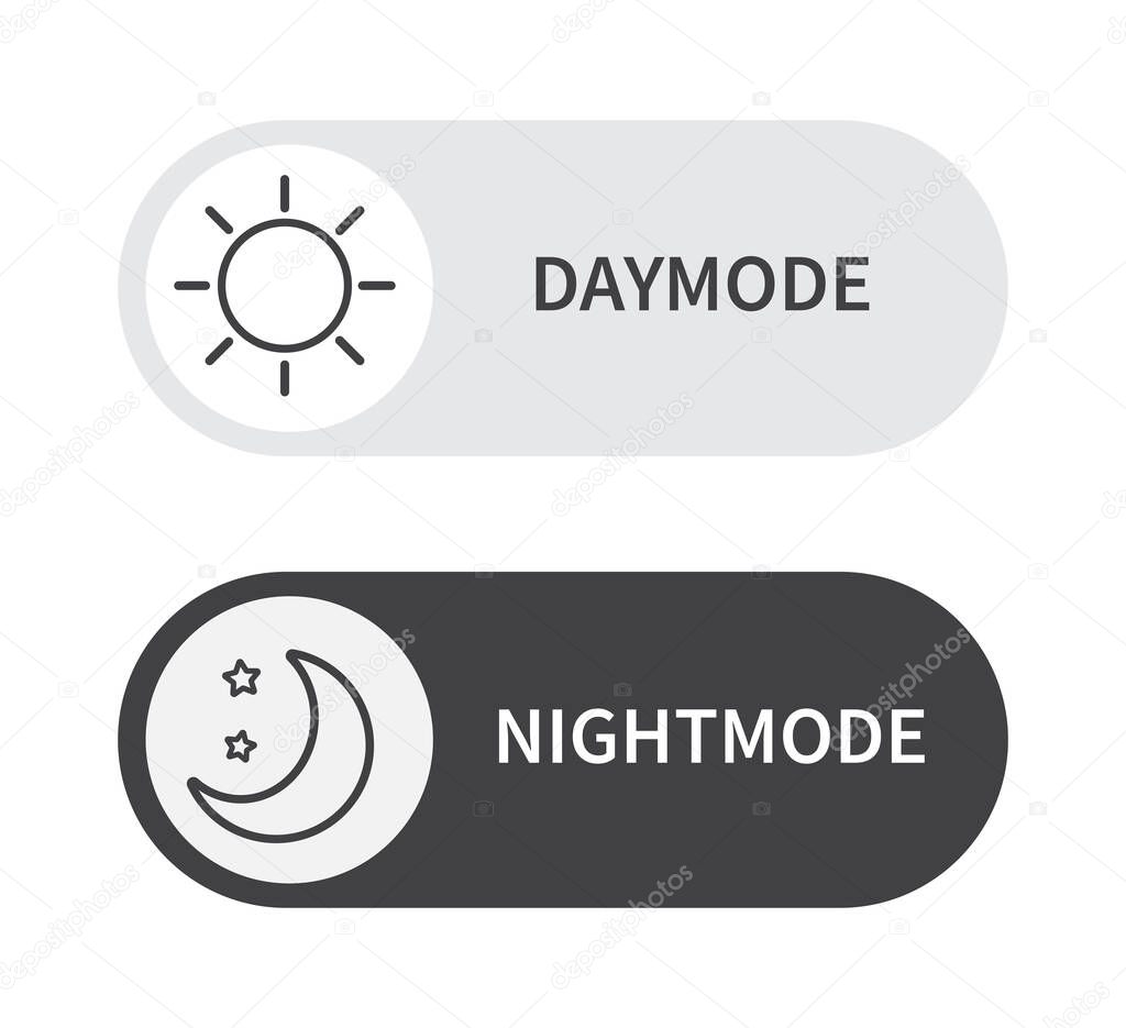 Day and night mode switch sun and moon button. Design for website and application. Vector illustration.