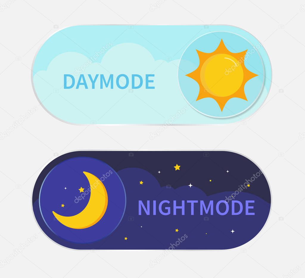 Day and night mode switch sun and moon button. Design for website and application. Vector illustration.