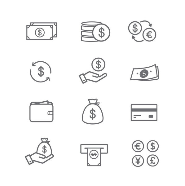 Money line icons. Dollar and cash, Coins, Credit card, Wallet, Money bag, ATM, Payment. Design for web apps and mobile. Vector illustration.