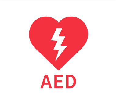 AED vektör simgesi. Acil durum defibrilatör işareti. Kırmızı kalp elektriği. Vektör illüstrasyonu.