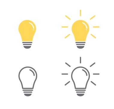 Ampul simgesi seti. Beyaz arka planda izole edilmiş enerji ve düşünme sembolü. Fikir ve ilham konsepti. Vektör illüstrasyonu