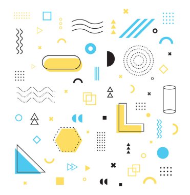 Geometrik şekiller. Poster, broşür, dergi, pano satışı için Memphis tasarım öğeleri seti. Evrensel trend 80 'ler, 90' lar tarzı. Vektör illüstrasyonu