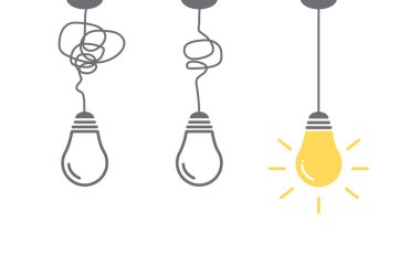 Yaratıcı fikir afişi. Beyaz arkaplanda ampul simgesi. Enerji ve düşünme sembolü. Fikir ve ilham konsepti. Tasarım siteleri için elementler. Vektör illüstrasyonu