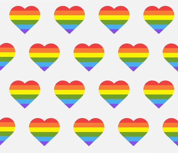 虹の心を持つシームレスなパターン 白い背景にLgbtqフラグでハート型 愛は愛の概念です ベクターイラスト — ストックベクタ