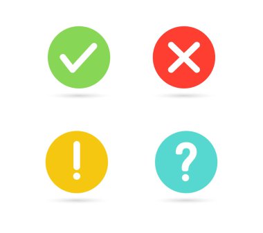 Yeşil işaret ve kırmızı haç simgesi. Ünlem işareti, soru işareti simgesi beyaz arkaplanda izole edildi. Vektör illüstrasyonu.