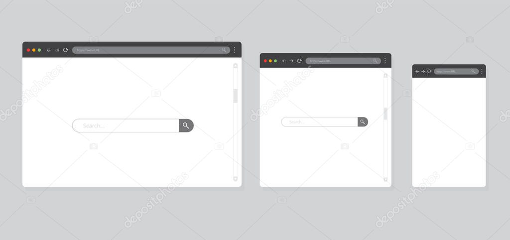 Browser window isolated on gray background. Browser mockup for computer, tablet and smartphone. Vector illustration.