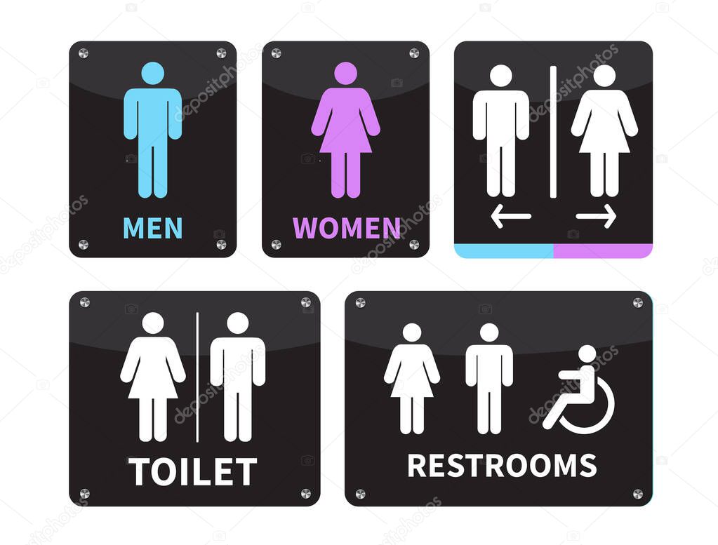 Set toilet signs on white background. Men and women restroom icon sign right arrow. Disabled wheelchair icon. vector illustration