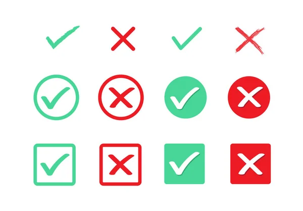 Marca Verificación Verde Icono Cruz Roja Conjunto Iconos Verdaderos Falsos — Vector de stock