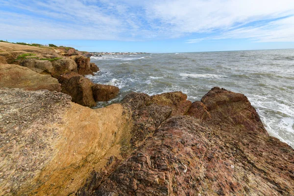 Breaking Waves Rocks Cliff French Atlantic Coast Summer Stock Picture