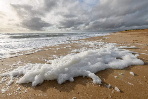 Fransa 'da Olonne yakınlarındaki Atlantik Okyanusu' nda bir plajda rüzgârlı deniz köpüğü.