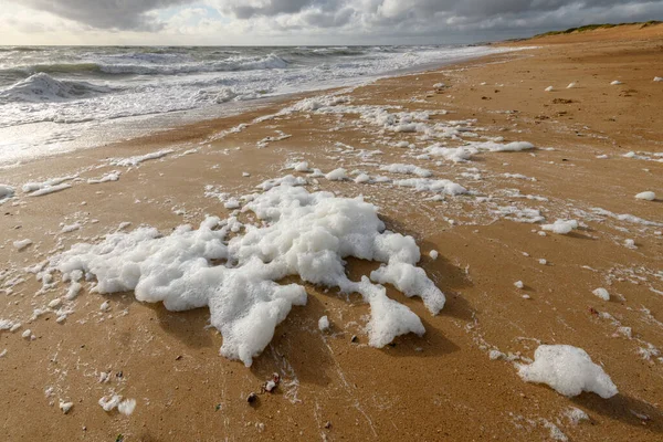 Fransa 'da Olonne yakınlarındaki Atlantik Okyanusu' nda bir plajda rüzgârlı deniz köpüğü.