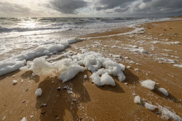 Fransa 'da Olonne yakınlarındaki Atlantik Okyanusu' nda bir plajda rüzgârlı deniz köpüğü.