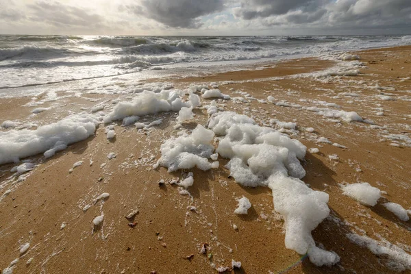 Fransa 'da Olonne yakınlarındaki Atlantik Okyanusu' nda bir plajda rüzgârlı deniz köpüğü.