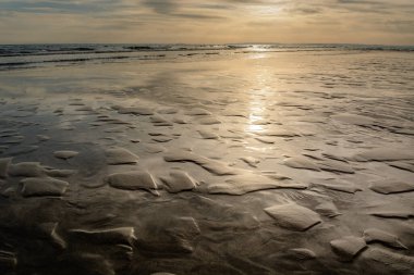 Kumsalda gün batımında Camargue, Espiguette plajı..