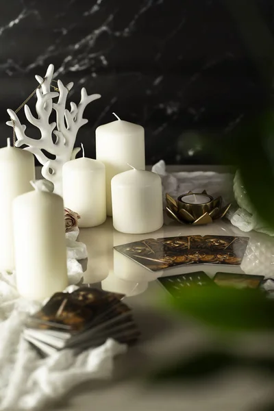 Defocused Mystic Ritual Tarot Cards Candles Halloween Concept Black Magic — Stock Photo, Image