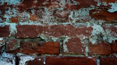 Boş Eski Tuğla Duvar dokusu. Boyanmış Duvar Yüzeyi. Grungy Wide Brick duvarı. Grunge Red Stonewall arka planı. Zarar görmüş alçılı eski püskü bina cephesi. Soyut Web Afişi. Boşluğu Kopyala.