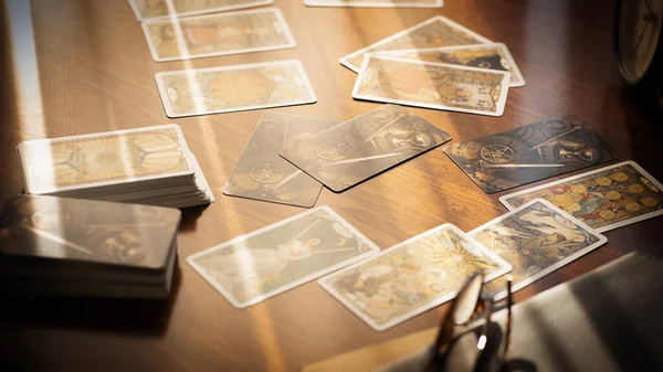 Wazige tarotkaarten op tafel, esoterisch concept, waarzeggerij voorspellingen — Stockfoto
