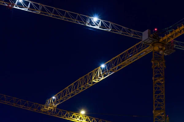 Close Construction Crane Light Night Lights Modern Site While Working — Stock Photo, Image