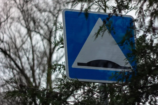 A road sign hidden in foliage to indicate an artificial obstacle in urban areas — Stock Image Road Sign Hidden Foliage Indicate Artificial Obstacle Urban Areas Stock Photo