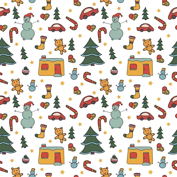 Navidad patrón sin costuras muñecos de nieve de dibujos animados, juguetes de colores — Vector de stock